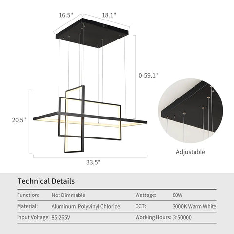 Slick Black Square Cube LED Pendant Light Chandelier, adjustable 34 Inch Wide ceiling fixture, technical details view.