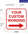 Customizable Square Left Or Right Arrow Sign For Office And Biz, Personalize With Your Wording, Durable American-Made Industrial Grade Directional Sign For Safety, Info, And Fun Office Decor. 12-inch aluminum sign with red arrow and custom text