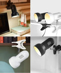 Clip On LED Desk Lamp With 5W Power, 360 Degree Rotatable Head in various settings, black and white color, clip mount on surfaces