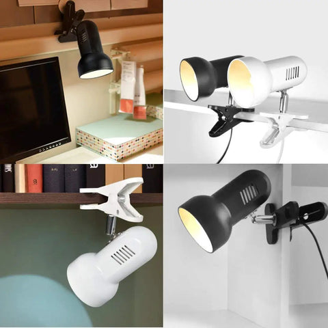 Clip On LED Desk Lamp With 5W Power, 360 Degree Rotatable Head in various settings, black and white color, clip mount on surfaces
