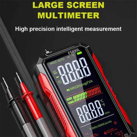USB Rechargeable Digital Multimeter With Auto Display showing readings, probes attached, CAT III 1000V and CAT IV 600V safety features.