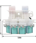 Washer water inlet valve assembly; white plastic body with teal coils and dual threaded inlets for Maytag/Whirlpool