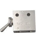 2 Position 3 Way Mechanical Pneumatic Valve 2-31V with toggle lever, silver-tone metal, close-up view.