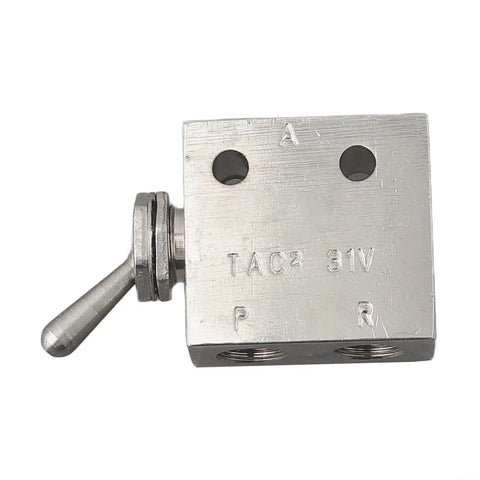2 Position 3 Way Mechanical Pneumatic Valve 2-31V with toggle lever, silver-tone metal, close-up view.