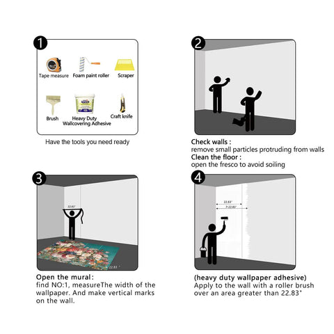 Illustration of installation steps for Pink Peony Floral Wallpaper Mural For Girls Bedroom, requiring adhesive and tools.