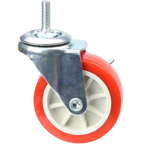 Smooth Operator Ball Bearing 3 Inch Swivel Caster Wheels With Brakes Set Of 4 Heavy Duty Rubber Castors For Cart Workbench Metric M8 Threaded Stem Total 450 Lbs Capacity showing a close-up of a red rubber caster wheel with metal stem.