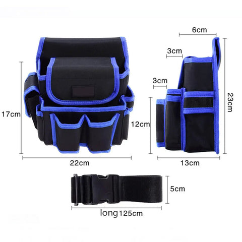 Multi Functional Electrician Pouch Tool Holder Waist Bag In Blue Durable Fabric With Large Main Pocket And Front Pocket For Securing Pliers Screwdrivers Mini Flashlights And Small Tools On The Job Site. with 125cm belt