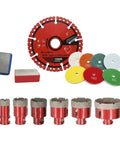 Top Notch 16 Piece Diamond Tile Hole Saw Kit With M14 Adapter And Metal Cutting King Blade For Drilling Hard Surfaces Plus Polishing Pads For That Smooth Finish You Deserve. 5" diamond blade, six hole saw bits and polishing pads for stone and metal.