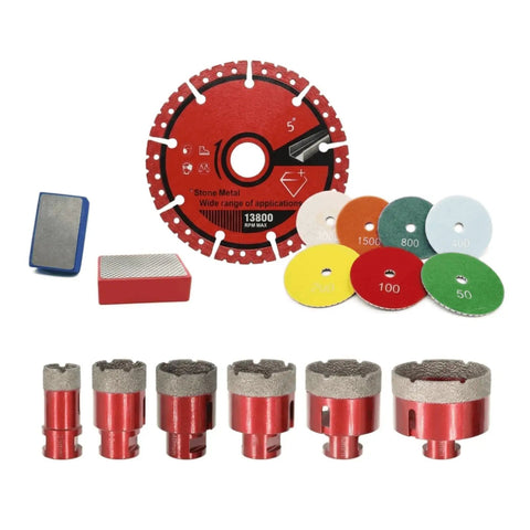 Top Notch 16 Piece Diamond Tile Hole Saw Kit With M14 Adapter And Metal Cutting King Blade For Drilling Hard Surfaces Plus Polishing Pads For That Smooth Finish You Deserve. 5" diamond blade, six hole saw bits and polishing pads for stone and metal.