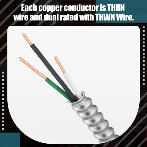 Fourteen Gauge Metal Clad Electrical Wire With Ground Aluminum Armor For Indoor Outdoor Use Solid Copper Conductors Two Conductors Plus Ground 100 Ft Heavy Duty Cable For Commercial Projects