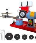Top Shelf Electric Circular Saw Blade Sharpener And Multi Tool Polisher With Coolant Tank For Carbide Tips And Woodworking Blades, red base, grinding wheel.