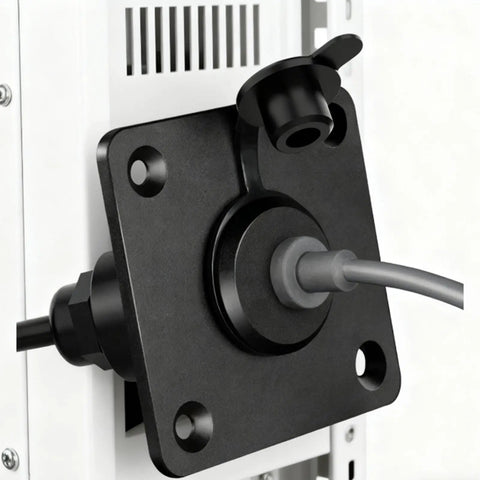 Beefy Metal Electrical Outlet With Slick Ergonomic Plug Design No Sweat Easy Install For Camping Rv Satellites And Mobile Living Spaces Dependable Five Amp Power Rig close-up view of rugged black outlet mounted securely.