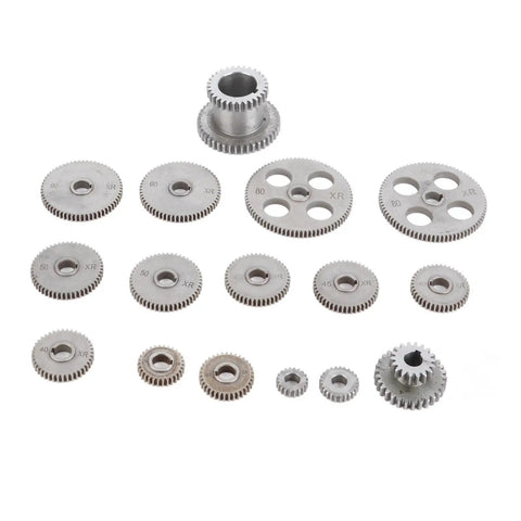 18 Piece Lathe Gear Kit For Mini Lathe With Duplex Gears And Motor Belt Pulley Pro Grade Metal Gears HT250 Gray Iron Display