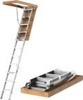 Heavy Duty 10 Ft Aluminum Attic Ladder Pull Down System For 54 By 25 Inch Opening Drop Down Hidden Attic Stairs With 350 Pound Load Fits 7 Foot 8 Inch To 10 Foot 3 Inch Ceilings Durable Pine Side Panels, shown open