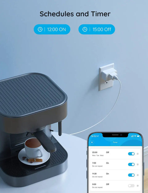 Super Solid 15A WiFi Smart Plug And Bluetooth Outlet 4 Pack Featuring Effortless Group Control And Voice Assistant Compatibility For Hassle Free Smart Home Automation Anytime connected to a coffee machine with timer settings.