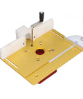 Gold Finish Router Table Lift Kit With Stainless Steel Base Plate For Quick Accurate Repeatable Setups On Woodworking Machines 64 To 66 mm Motor Diameters Four Mounting Holes And Included Screws And Wrenches