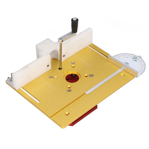 Gold Finish Router Table Lift Kit With Stainless Steel Base Plate For Quick Accurate Repeatable Setups On Woodworking Machines 64 To 66 mm Motor Diameters Four Mounting Holes And Included Screws And Wrenches