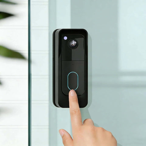 Anti Theft Angle Mount For Blink Video Doorbell 2025 2nd Gen in use; installed with adhesive on glass door; person pressing button.
