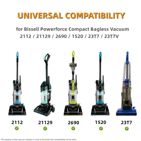 Lineup of Bissell Powerforce Compact Upright Vacuums 2112, 21129, 2690, 1520, 23T7 with universal compatibility display