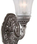 Old School Brushed Nickel Finish Wall Sconce With Etched Glass, Eleven And A Quarter Inch Tall, Five Inch Wide Glass, Lighted View