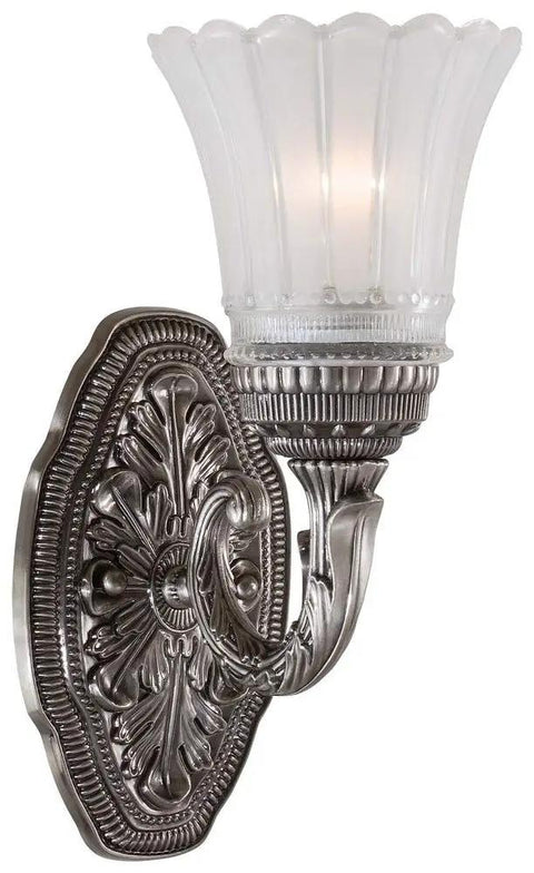 Old School Brushed Nickel Finish Wall Sconce With Etched Glass, Eleven And A Quarter Inch Tall, Five Inch Wide Glass, Lighted View