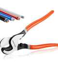 10 Inch Heavy Duty Wire Cutter Handles 4/0 Aluminum And 2/0 Copper Like A Champ Ergonomic One Hand Cable Pliers with orange grips.