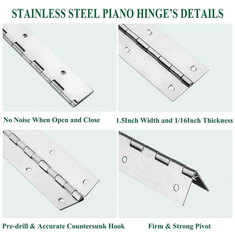 Heavy Duty Piano Hinges Set Of Four, 2 Inch Open Width And 16 Inch Continuous Length, 0.06 Inch Thick Stainless Steel With Pre Drilled Holes