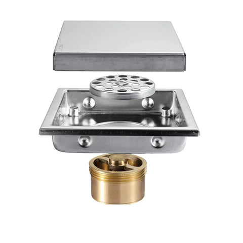 Ditch The Ugly Grate With This Hella Sleek Bathroom Tile Invisible Floor Drain, Brushed Stainless Steel Shower Square Cover components shown.
