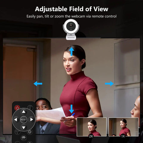 Woman presenting in office with NexiGo N970P 4K Webcam With Onboard Storage, AI Auto Framing, adjustable field of view