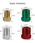 MuHize 3/16 in brake line fittings; four views of color-coated fittings (gold, green, silver, red) with screw dimensions