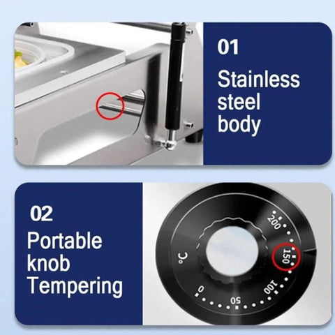 Hmkd Qbd Commercial Food Tray Heat Sealer Machine with stainless steel body and portable temperature knob for easy use.