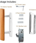 Sliding Patio Door Handle Set With Oak Interior And White Diecast Pull Mortise Lock And 45 Degree Keyway Fits Three To Fifteen Sixteenth Inch Screw Hole Spacing Non Keyed With Latch Locks Replacement For Worn Or Broken Sliding Glass Door Hardware