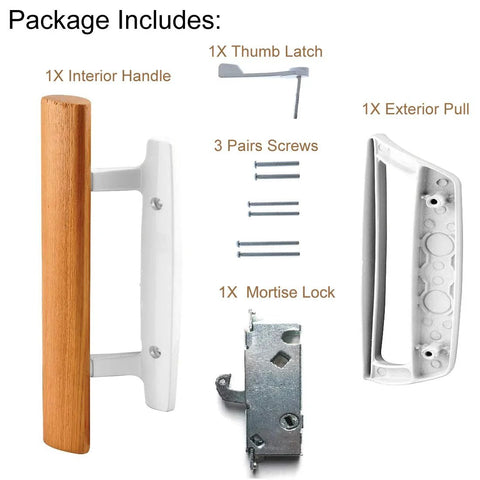 Sliding Patio Door Handle Set With Oak Interior And White Diecast Pull Mortise Lock And 45 Degree Keyway Fits Three To Fifteen Sixteenth Inch Screw Hole Spacing Non Keyed With Latch Locks Replacement For Worn Or Broken Sliding Glass Door Hardware