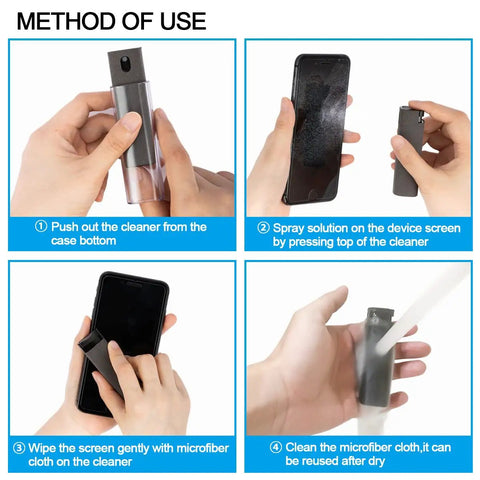 Instructions for using the 2 In 1 Screen Cleaner Kit With Mist Spray And Refill Microfiber Cloth Keyboard Brush And Glasses Cloth