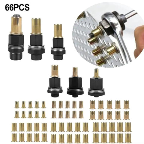 Complete Heavy Duty Rivet Nut Pliers Tool Kit With Sixty Universal Press In Nuts shows 66 pieces including various universal nuts.