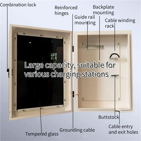 Interior view of Lockdown Heavy Duty EV Charger Housing Box With Waterproof Shield, showing features and cable management.