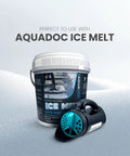 Handheld Snow Salt Ice Melt Spreader With Toggle Cap Sieve Options next to Aquadoc Ice Melt container on snowy surface.