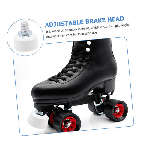 Rubber Brake Block Stopper Kit For Roller Skates And Quad Skates shown on black skate with adjustable toe stop
