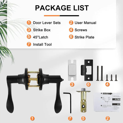 4 Pack Black Wave Style Privacy Door Handles With Lock package contents overview with lever set and installation tools.