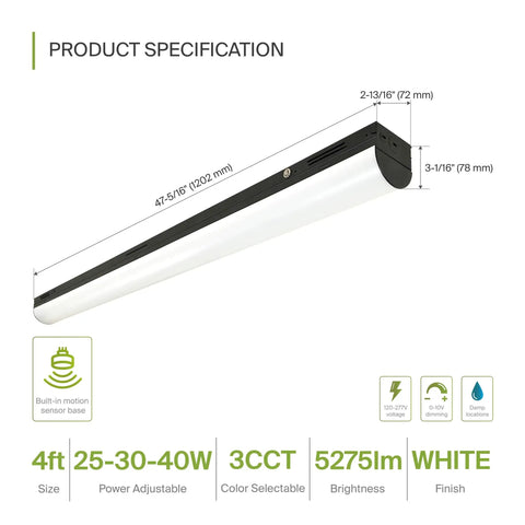 4-Foot Linear LED Shop Lights With Emergency Backup Battery 25W-40W 120-277V 3500K-5000K Linkable High Bay Lighting diagram