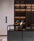 Concealed Drawer Pull Handle Black Zinc Alloy Slick Low Profile Cabinet Door Knob installed on modern kitchen cupboard.