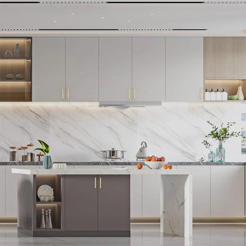 Modern kitchen with 10 Pack 5 Inch Brushed Gold Cabinet Pulls For Kitchen Cabinets Cupboards And Drawers Durable Cabinet Hardware installed