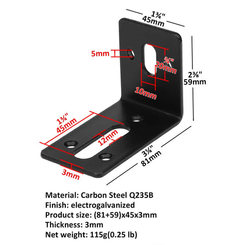 Black Slotted L Bracket Set Slightly Adjustable Corner Braces 66 Lb Capacity One Eighth Inch Thick Hot Rolled Steel