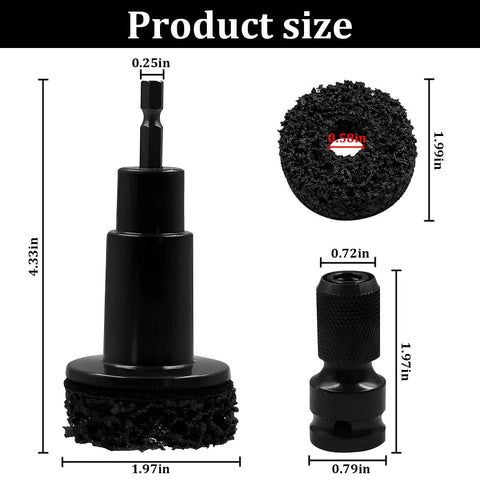Heavy Duty Car Wheel Hub Cleaning Tool Kit With Eight Impact Resistant Heads And Universal Adapter For Hardcore Rust Scaling Brake Dust Polishing And Wheel Stud Resurfacing Rock Solid Build size display with dimensions of cleaning heads and adapter.
