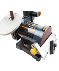 Close-up of Dual Function Belt And Disc Sander For Woodworking With 1 Inch By 30 Inch Belt 5 Inch Disc Two Tilt Tables 0 To 45 Degrees