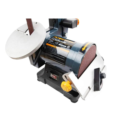 Close-up of Dual Function Belt And Disc Sander For Woodworking With 1 Inch By 30 Inch Belt 5 Inch Disc Two Tilt Tables 0 To 45 Degrees