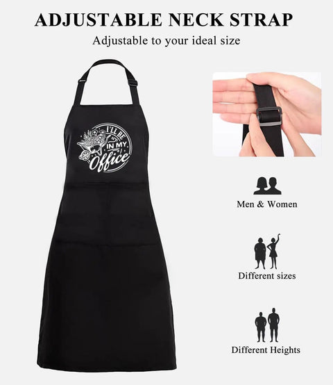I'll Be In My Office Garden Lover Apron For Women And Men with adjustable neck strap, two pockets, black waterproof polyester.