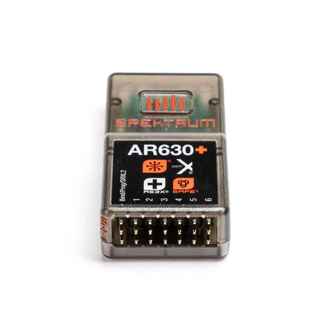Six Channel AS3X Plus And SAFE Receiver With No Antenna Needed For Easy Install, front view close-up of AR630+ model
