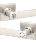 Breton Entry Door Handle With Lock And Key, Reversible Exterior Lever, Satin Nickel Finish, shown from top and side view.