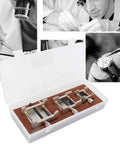 Three Piece Watch Movement Holder Set Pro Grade Heavy Duty Metal Base in case with watch repair scenes.
